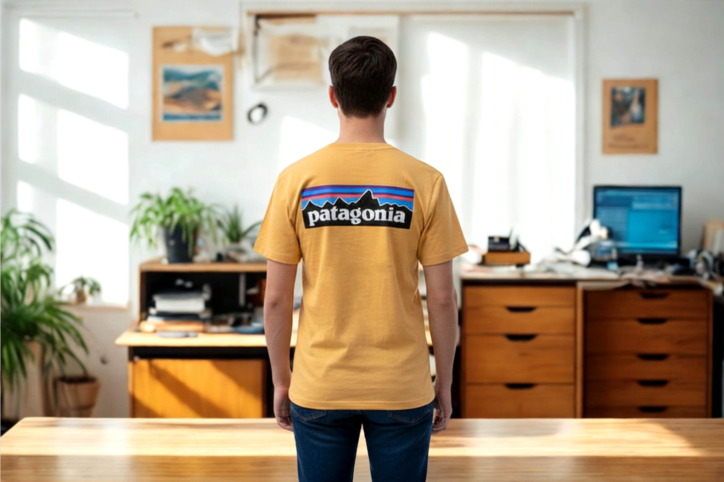 Patagonia Responsibili Tee Mens Medium Yellow Logo Graphic T Shirt NWT Regular Fit