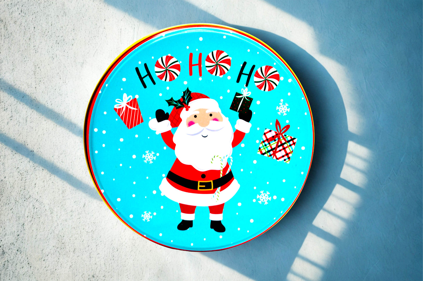Vintage Christmas Santa Cookie Tin Round Metal Candy Storage Holiday Container
