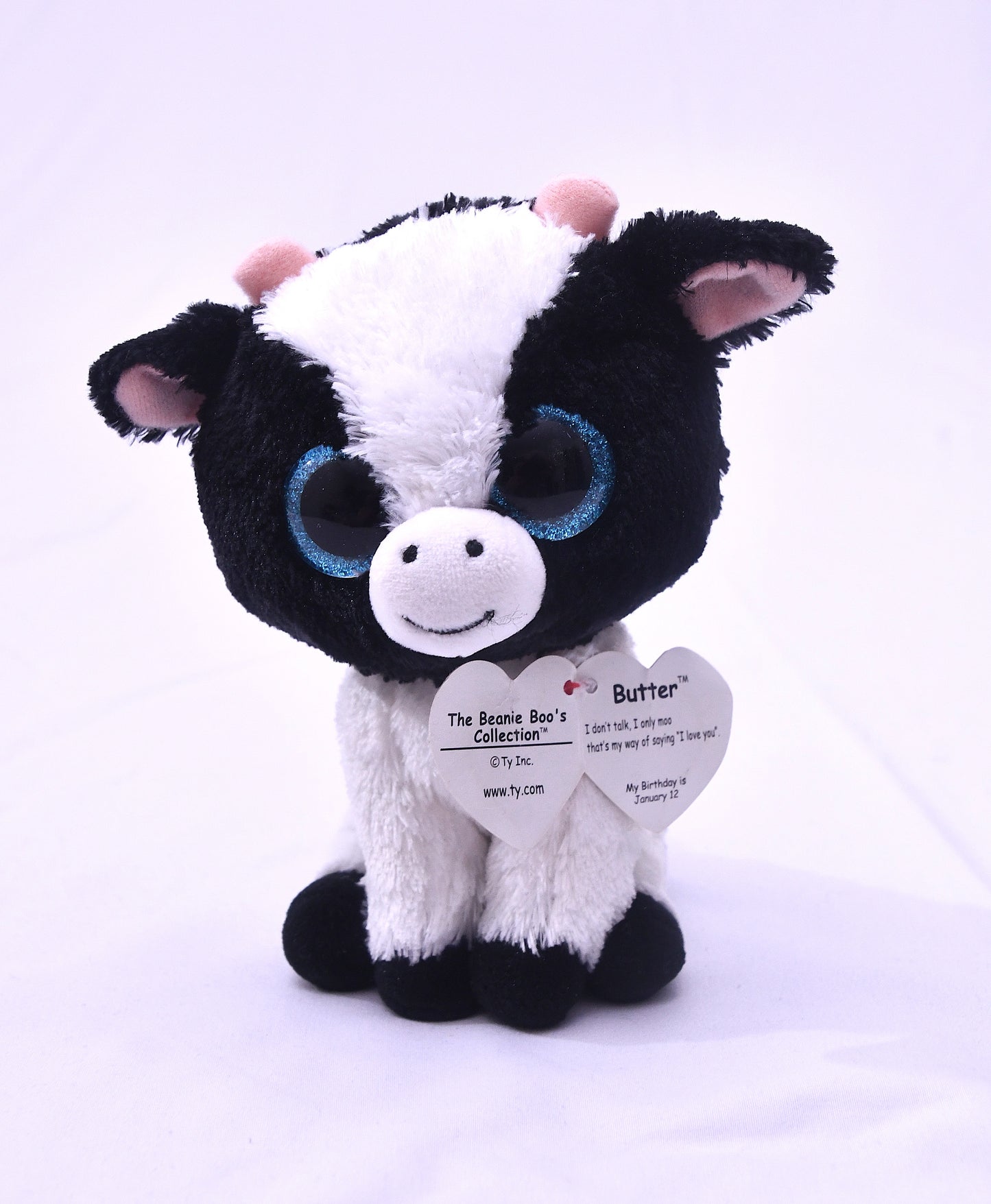 Ty Beanie Boos MooMoo Cow Plush Stuffed Animal Blue Glitter Eyes w/ Tag 6"