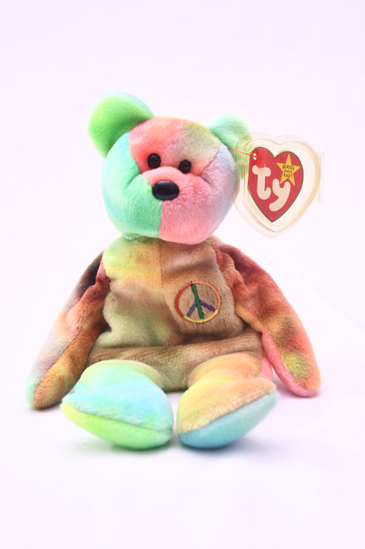 TY Beanie Baby Peace Bear Tie Dye Plush Peace Symbol w/ Tag Protector Original MWMT