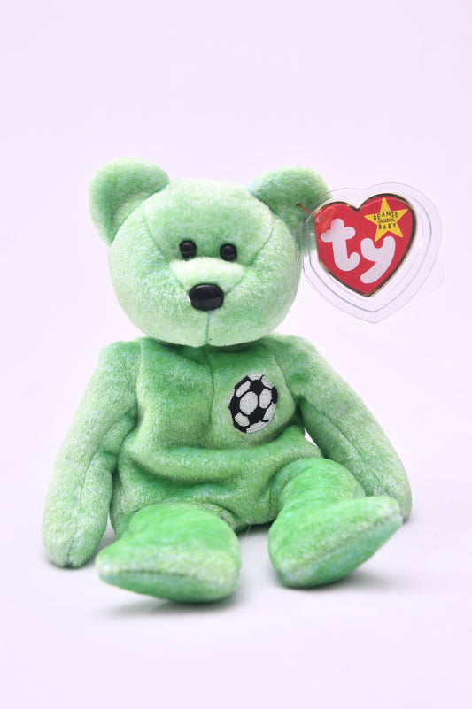 Ty Beanie Baby Kicks Green Soccer Bear Plush Toy w/ Tag Protector 1998 MWMT