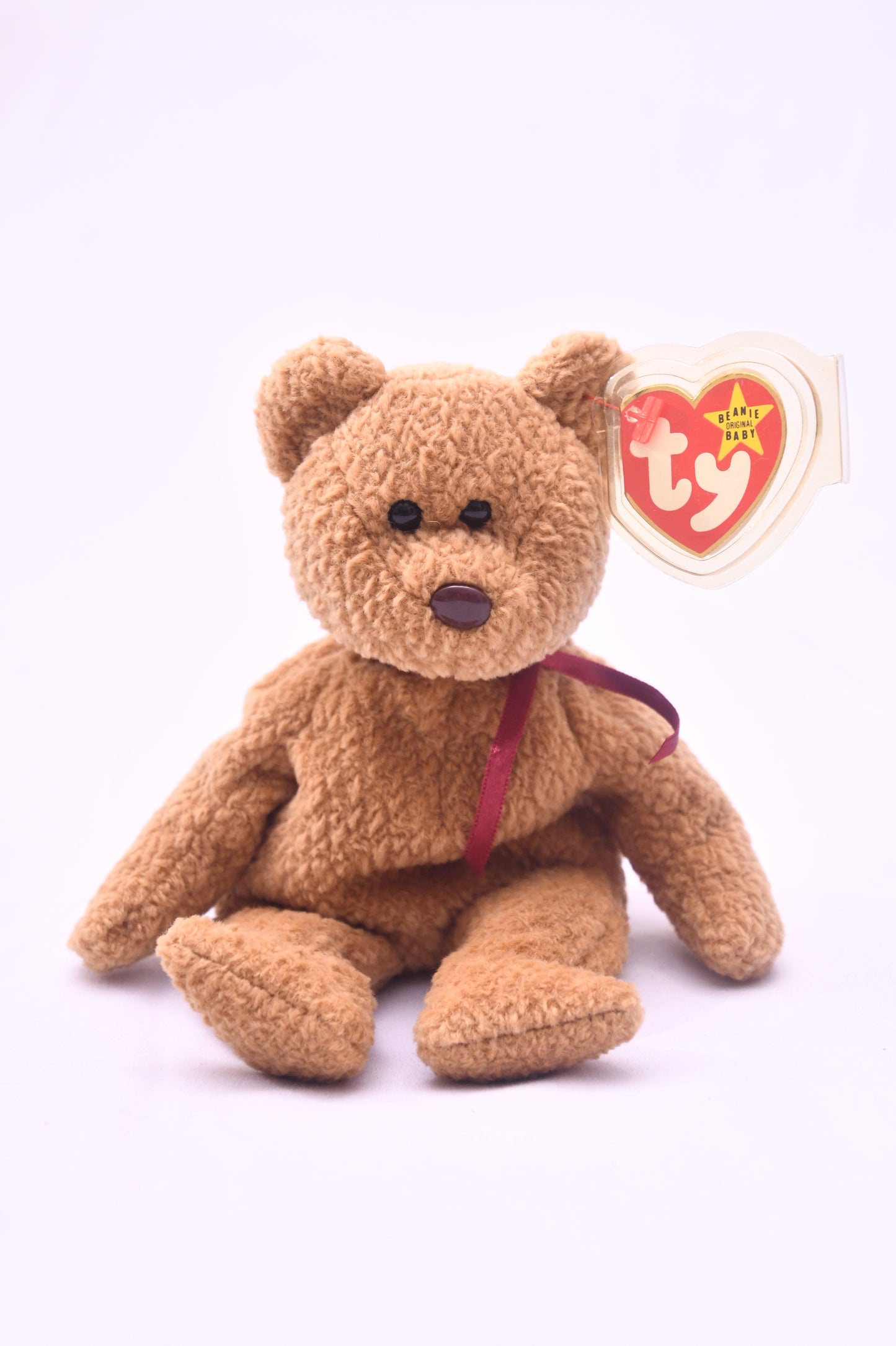 TY Beanie Baby Teddy Bear Brown Plush Red Ribbon w/ Tag Protector 8" Vintage