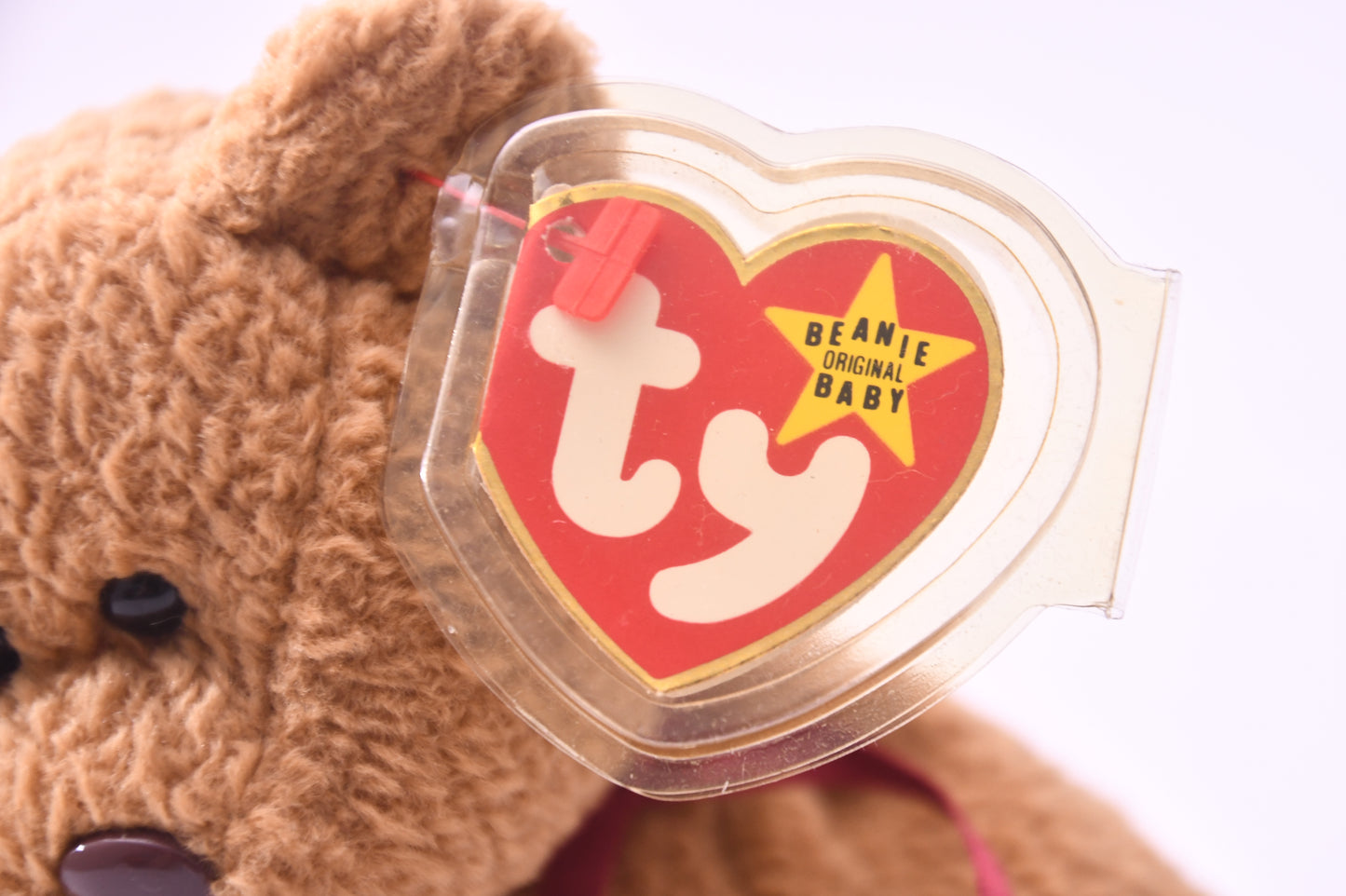 TY Beanie Baby Teddy Bear Brown Plush Red Ribbon w/ Tag Protector 8" Vintage