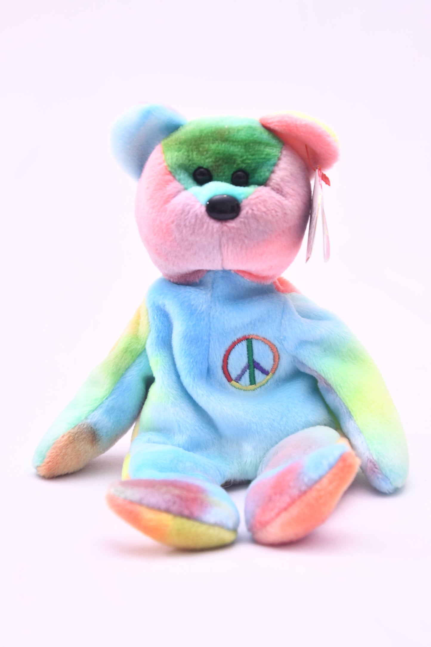 TY Beanie Baby Peace Bear Rainbow Tie Dye Plush Peace Symbol MWMT 8" Retired