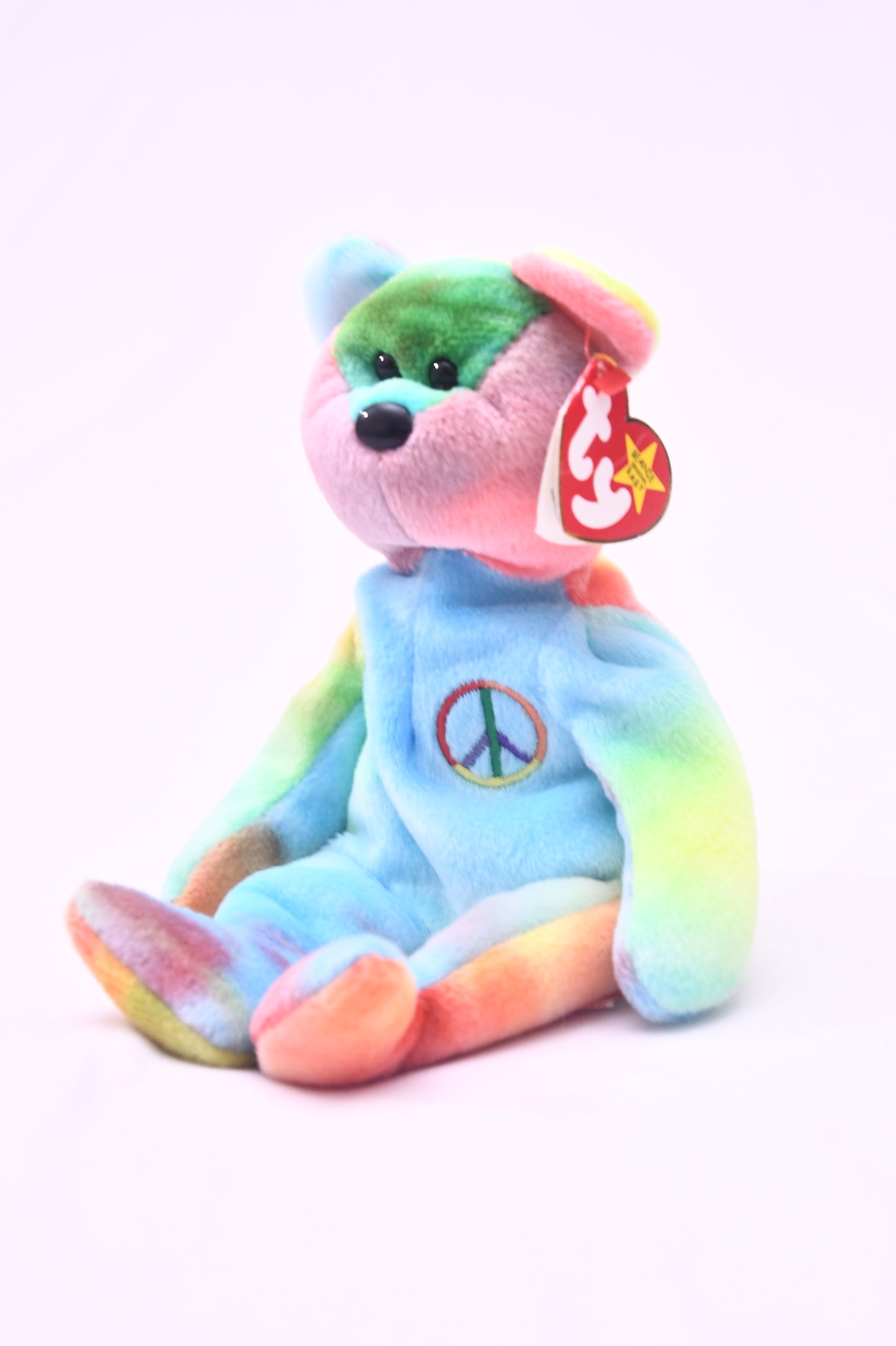 TY Beanie Baby Peace Bear Rainbow Tie Dye Plush Peace Symbol MWMT 8" Retired