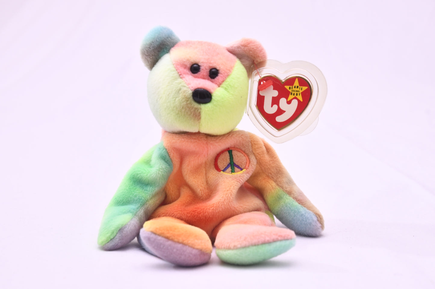 TY Beanie Baby Peace Bear Rainbow Tie Dye Plush w/ Tag Peace Symbol Stuffed Animal