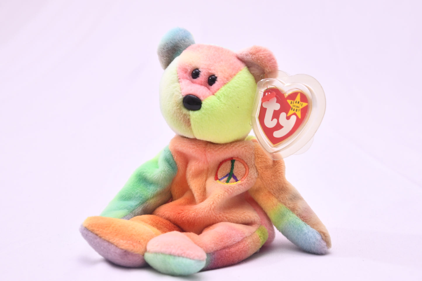 TY Beanie Baby Peace Bear Rainbow Tie Dye Plush w/ Tag Peace Symbol Stuffed Animal