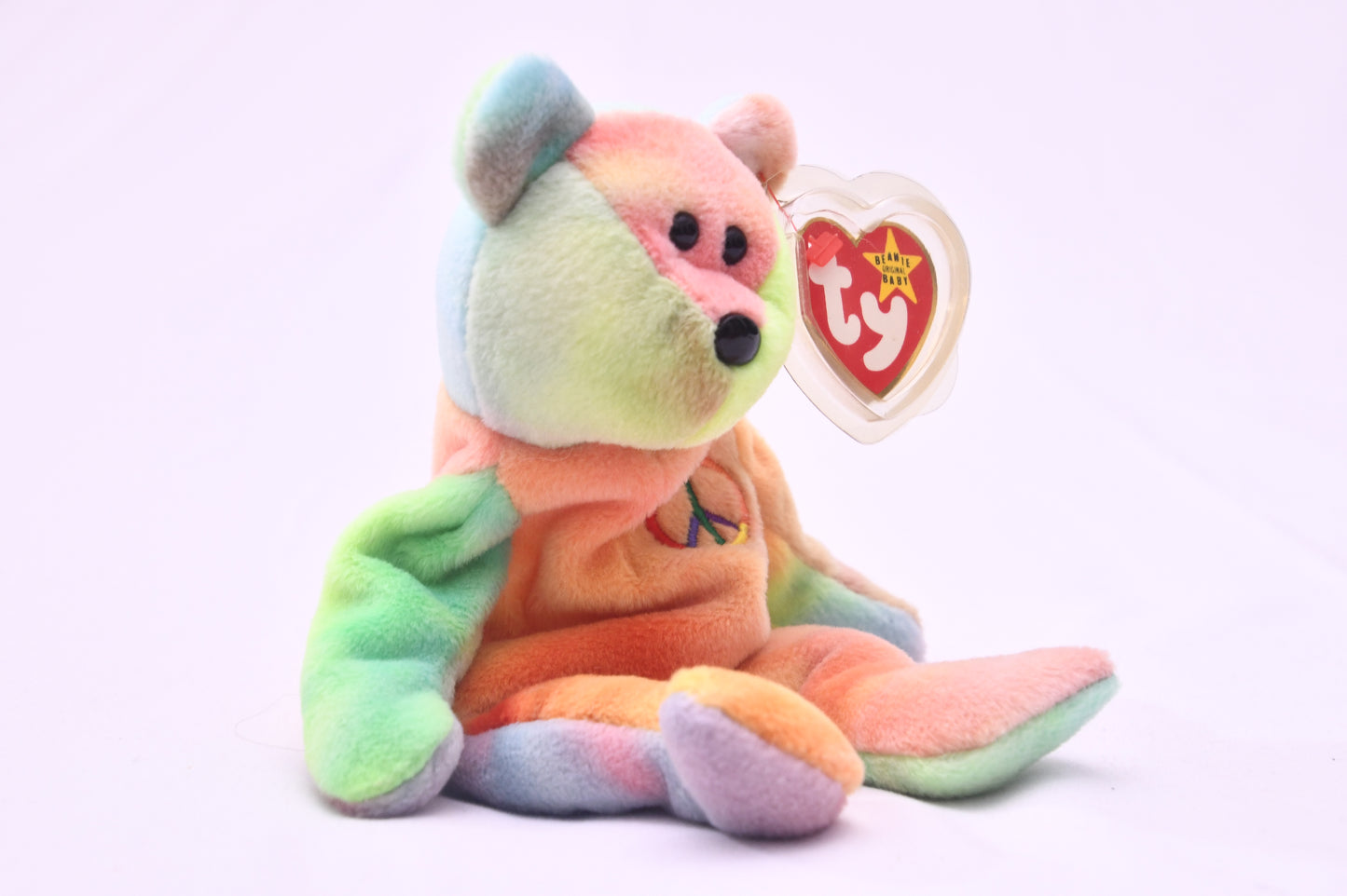 TY Beanie Baby Peace Bear Rainbow Tie Dye Plush w/ Tag Peace Symbol Stuffed Animal