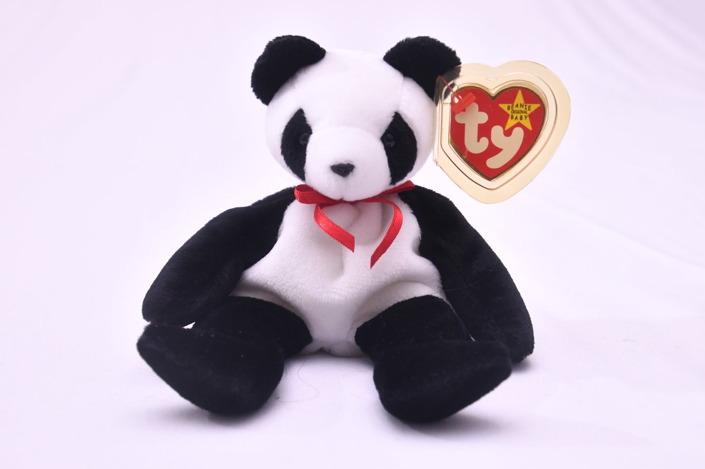 TY Beanie Baby Fortune Panda Bear Plush w/ Tag Protector Red Ribbon 8" Vintage