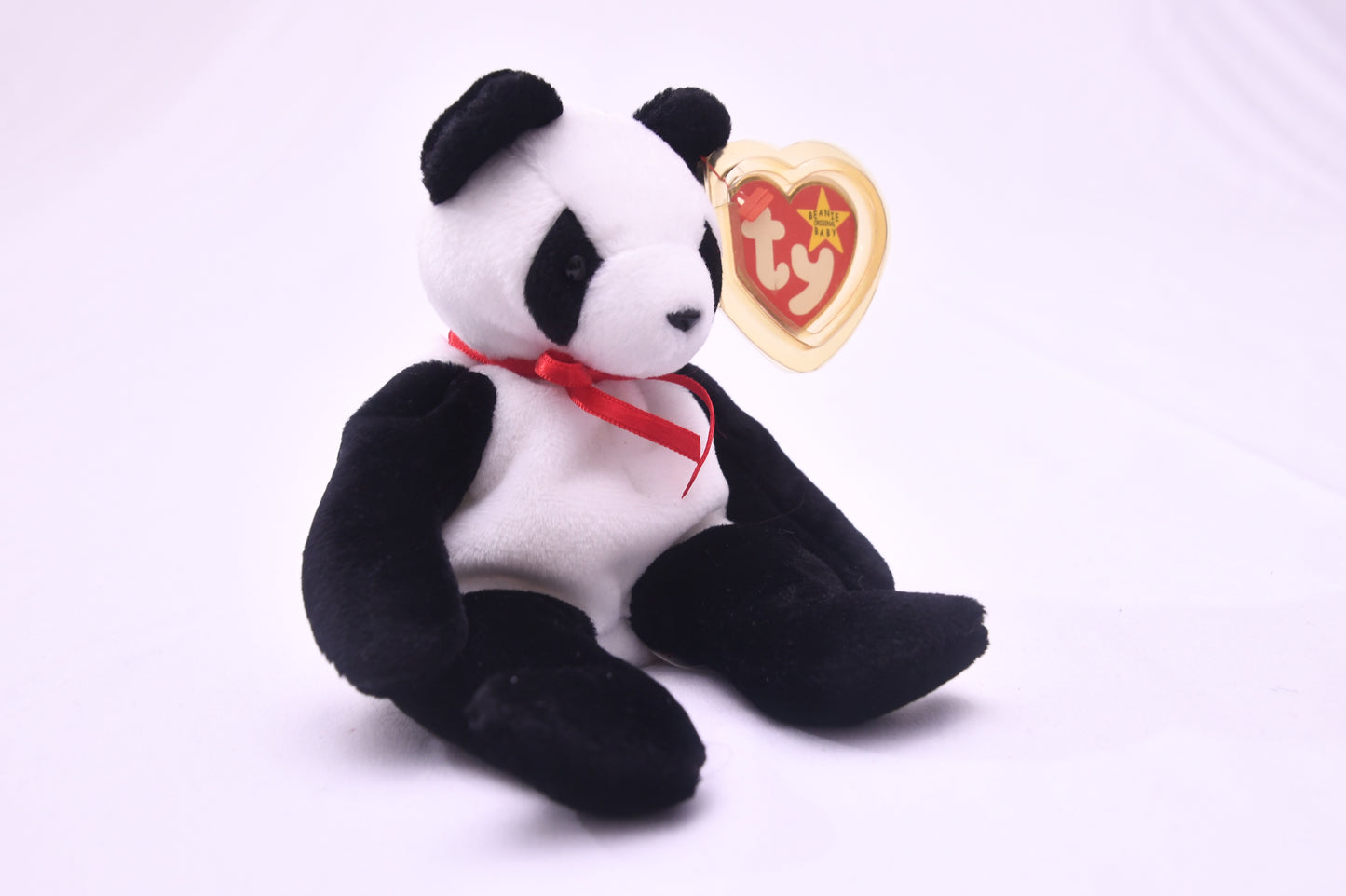 TY Beanie Baby Fortune Panda Bear Plush w/ Tag Protector Red Ribbon 8" Vintage