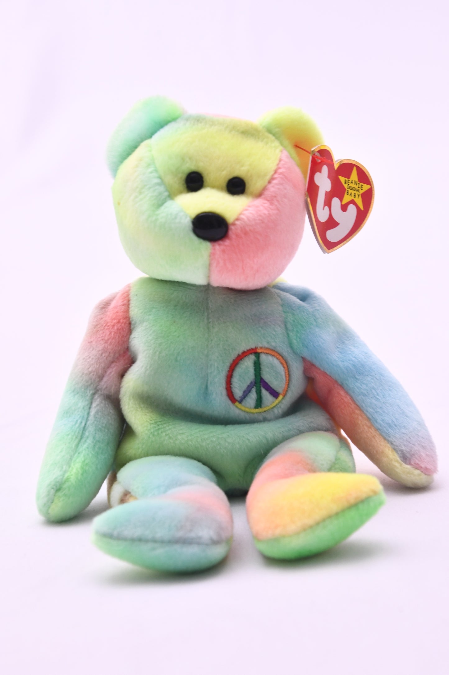TY Beanie Baby Peace Bear Plush Pastel Tie Dye w/ Heart Tag Peace Symbol MWMT 8"
