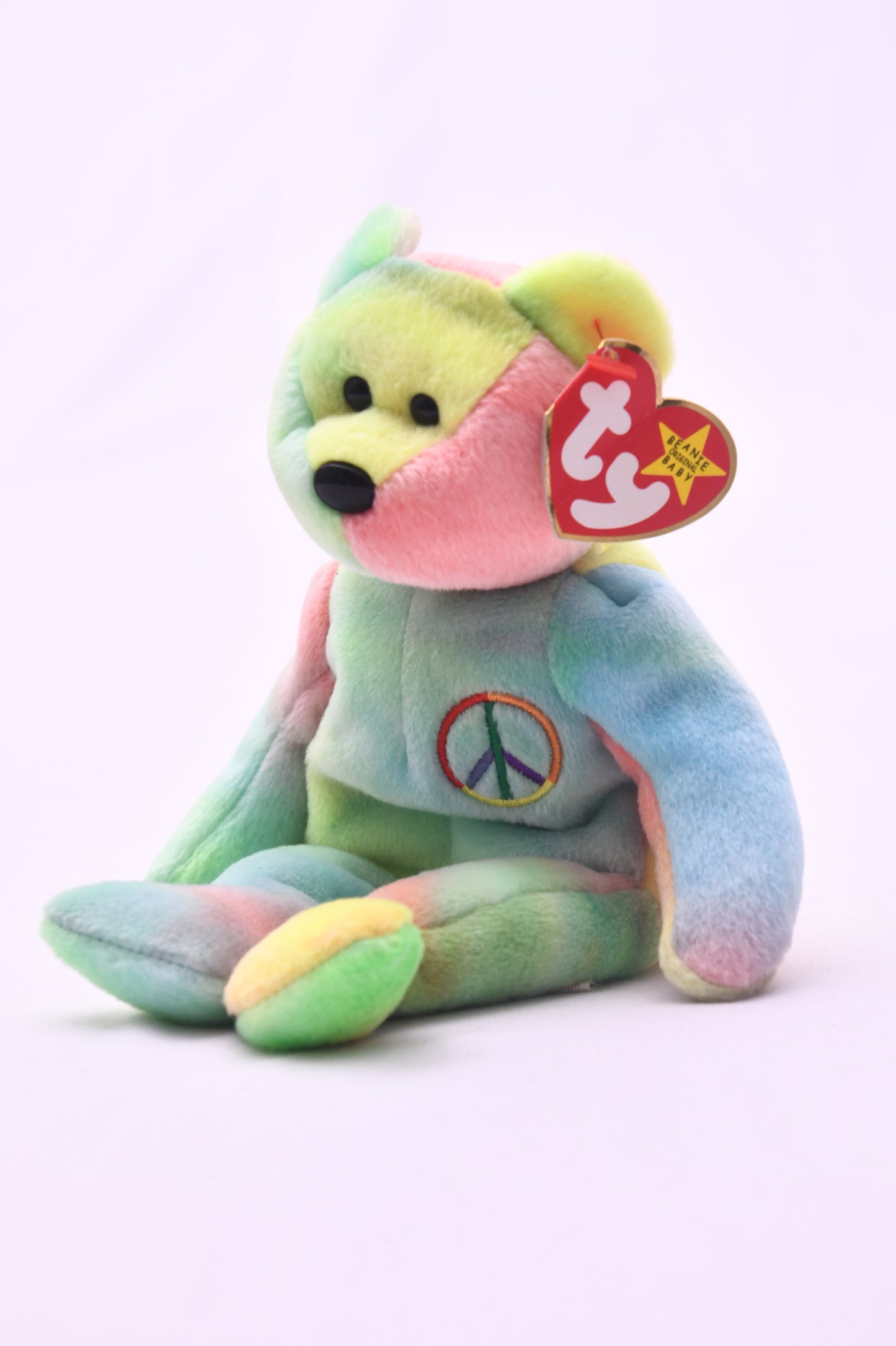 TY Beanie Baby Peace Bear Plush Pastel Tie Dye w/ Heart Tag Peace Symbol MWMT 8"