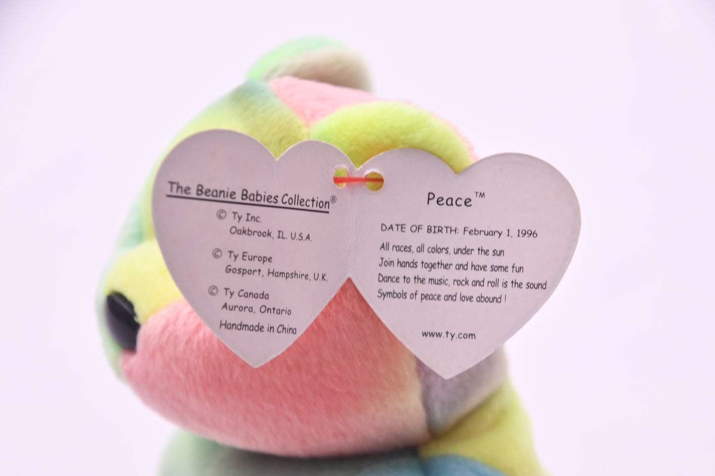 TY Beanie Baby Peace Bear Plush Pastel Tie Dye w/ Heart Tag Peace Symbol MWMT 8"