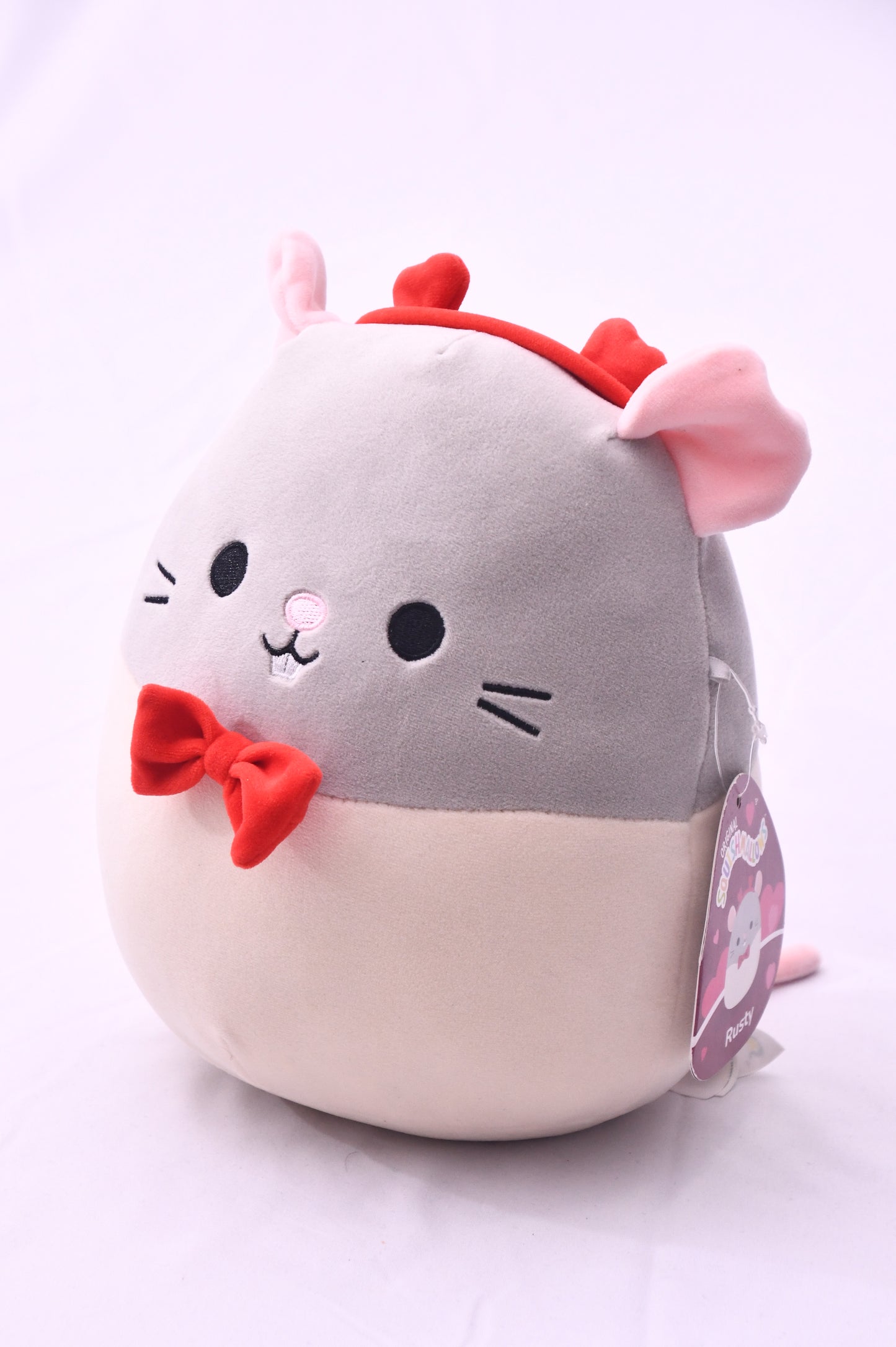 Squishmallows Rusty Mouse Plush Gray White Red Bow Valentine's Day NWT Jazwares