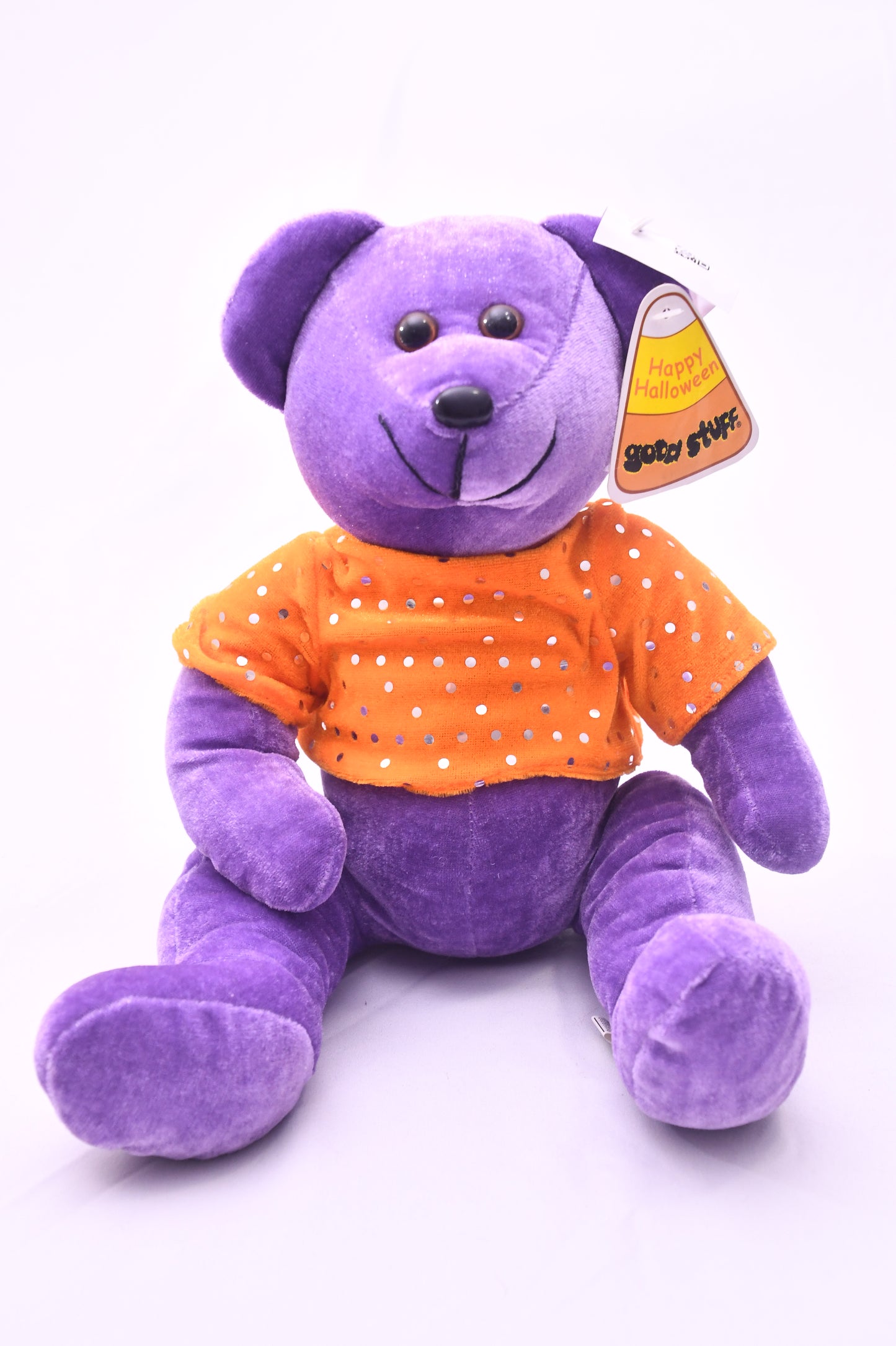 Good Stuff Happy Halloween Purple Teddy Bear Plush Orange Polka Dot Shirt NWT