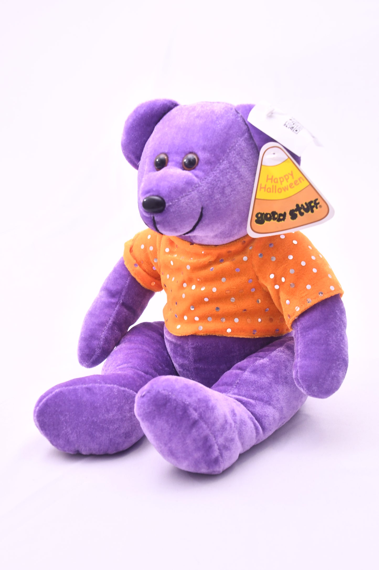 Good Stuff Happy Halloween Purple Teddy Bear Plush Orange Polka Dot Shirt NWT