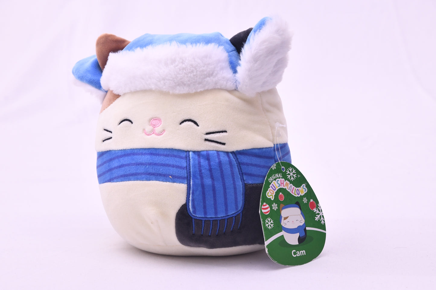 Squishmallows Cam Calico Cat Holiday Winter Plush Blue Hat Scarf 8" NWT Kellytoy