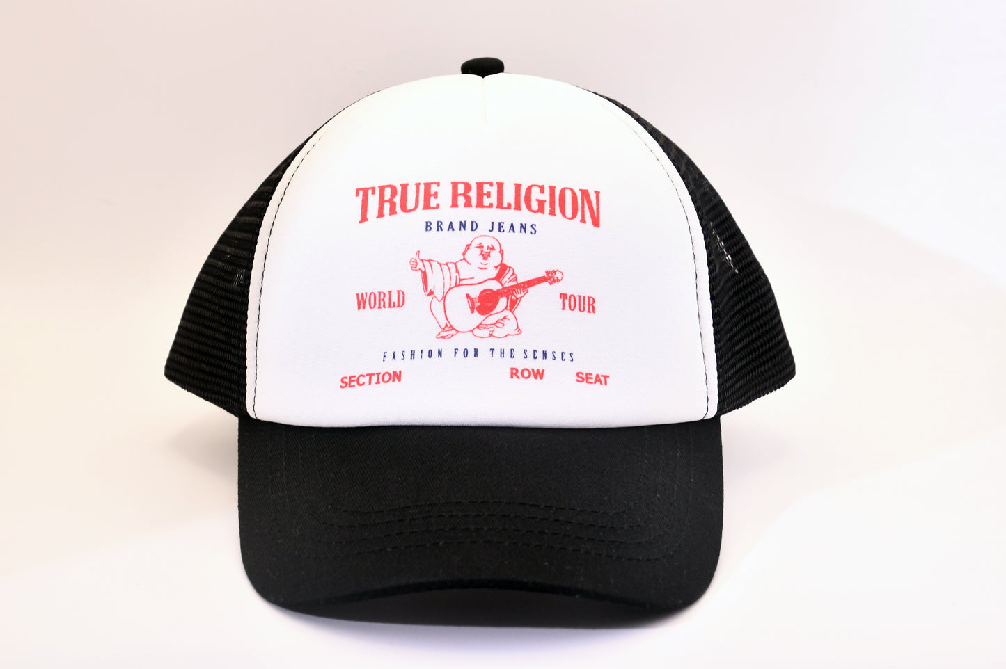 True Religion Trucker Hat Black White Mesh Snapback Cap Logo NWT One Size