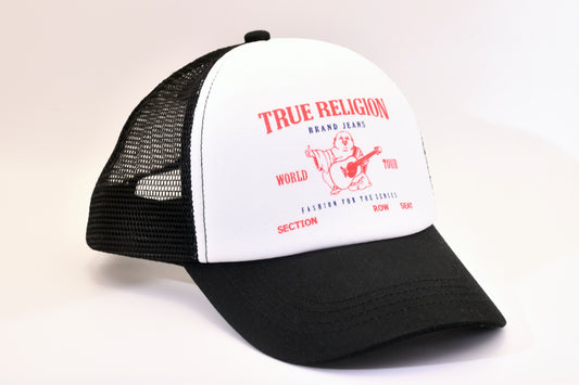 True Religion Trucker Hat Black White Mesh Snapback Cap Logo NWT One Size