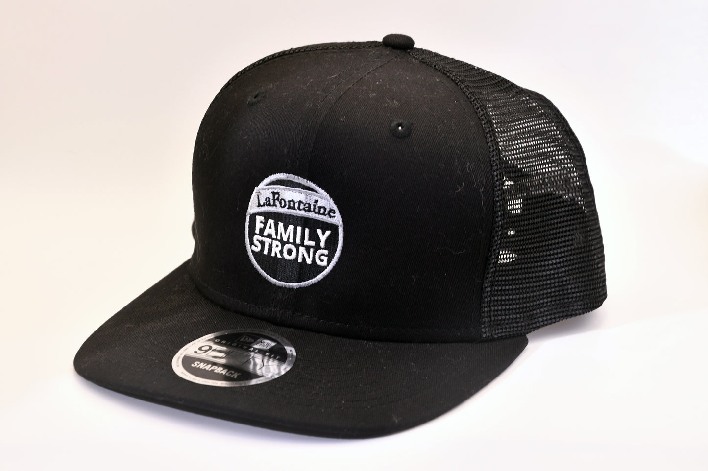 New Era 9FIFTY LaFontaine Family Strong Trucker Snapback Hat Black Mesh Cap