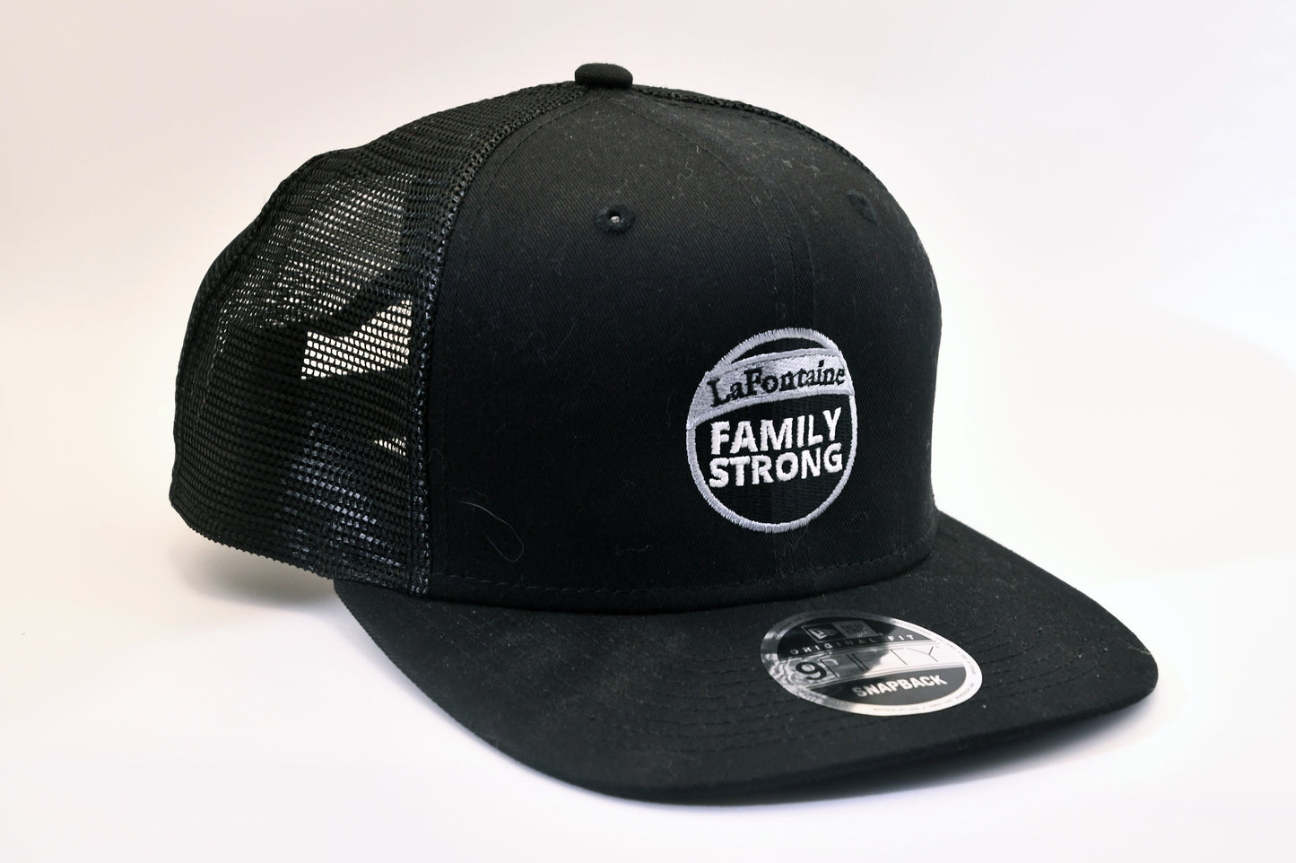 New Era 9FIFTY LaFontaine Family Strong Trucker Snapback Hat Black Mesh Cap