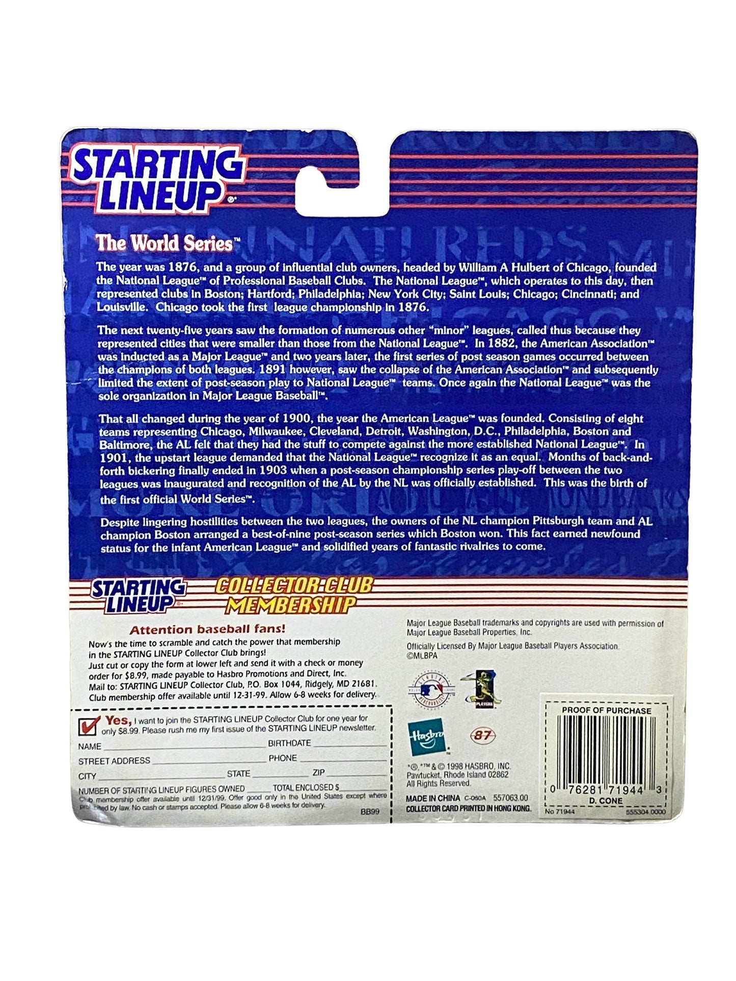 Starting Lineup 1999 David Cone Baseball Action Figure Collector Card