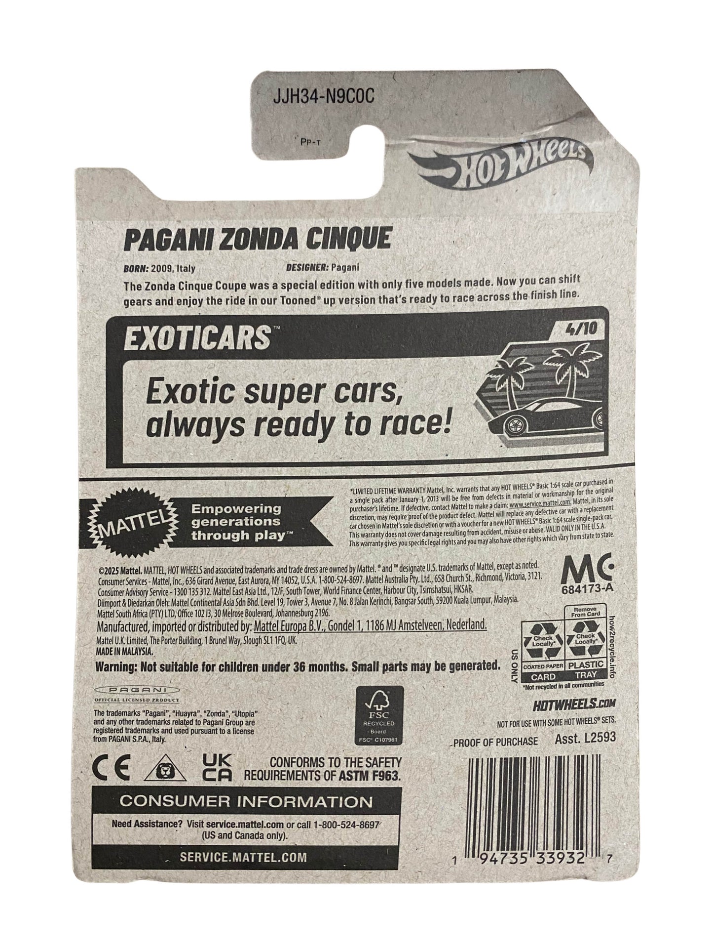 Hot Wheels Pagani Zonda Cinque Exoticars 1:64 Diecast Car White Black Red 2026