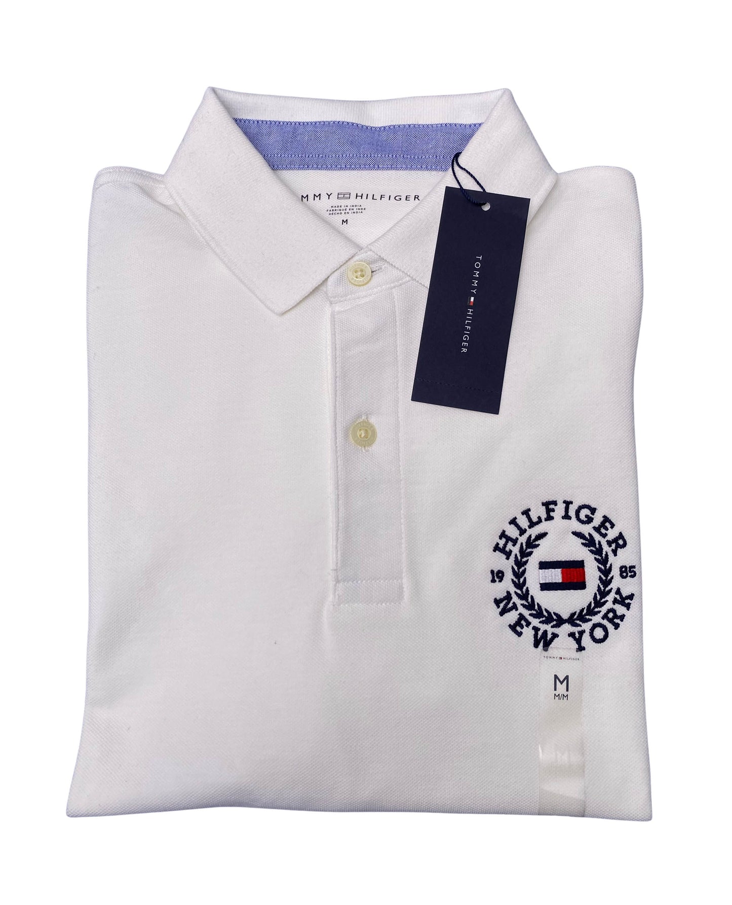 Tommy Hilfiger Mens Cotton ss Polo Shirt NY 1985 Embroidered Logo White Medium