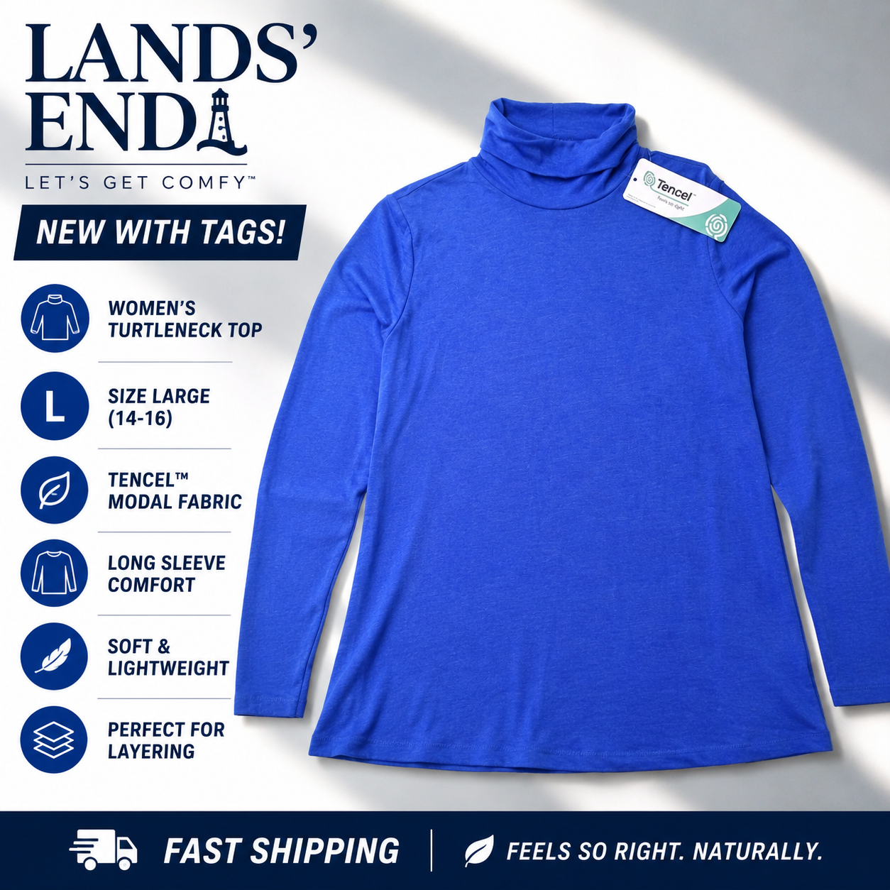 Lands' End Womens Large Blue Turtleneck Top Long Sleeve TENCEL Modal NWT