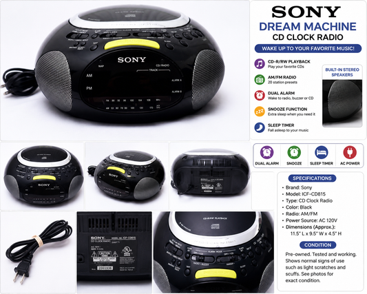 Sony Dream Machine CD Clock Radio Alarm AM/FM CD-R/RW Playback ICF-CD815 Tested