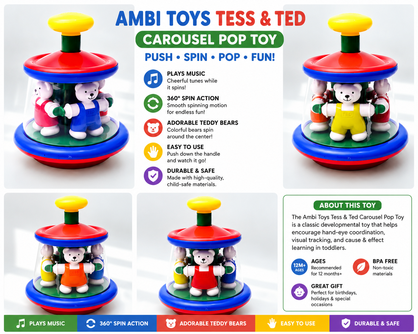 Vintage Ambi Toys Tess & Ted Pop Toy Carousel Spinning Bear Toddler Preschool Toy