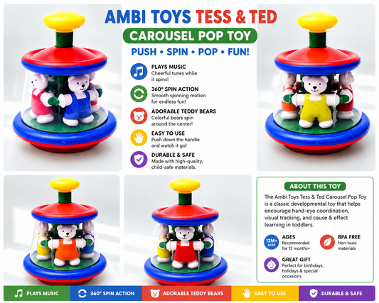 Vintage Ambi Toys Tess & Ted Pop Toy Carousel Spinning Bear Toddler Preschool Toy