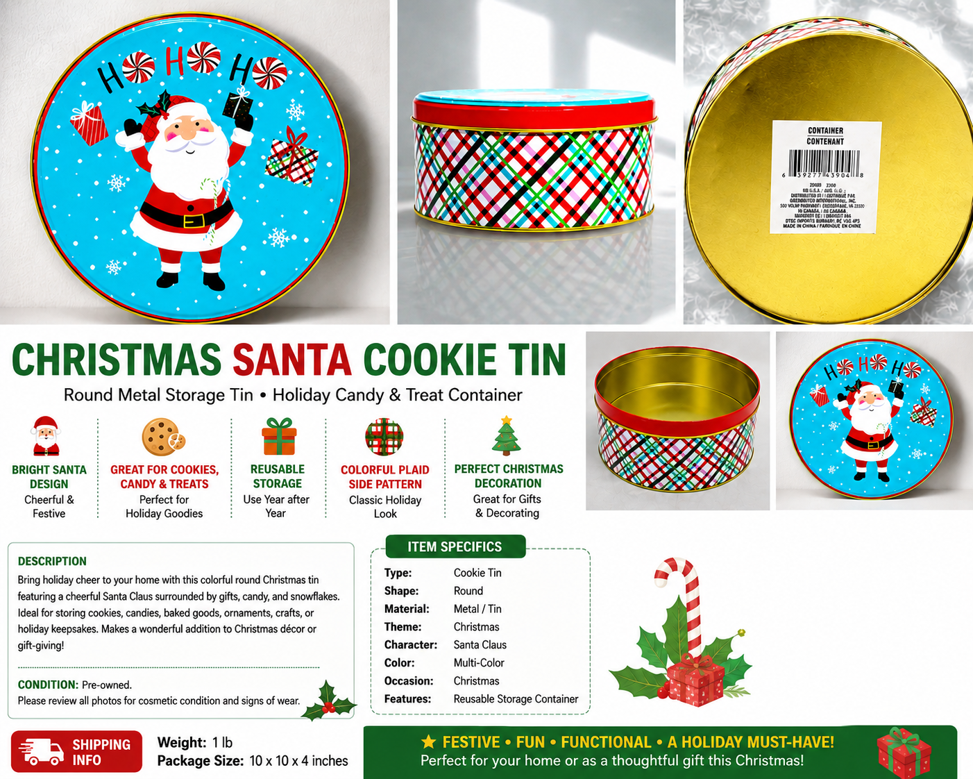 Vintage Christmas Santa Cookie Tin Round Metal Candy Storage Holiday Container