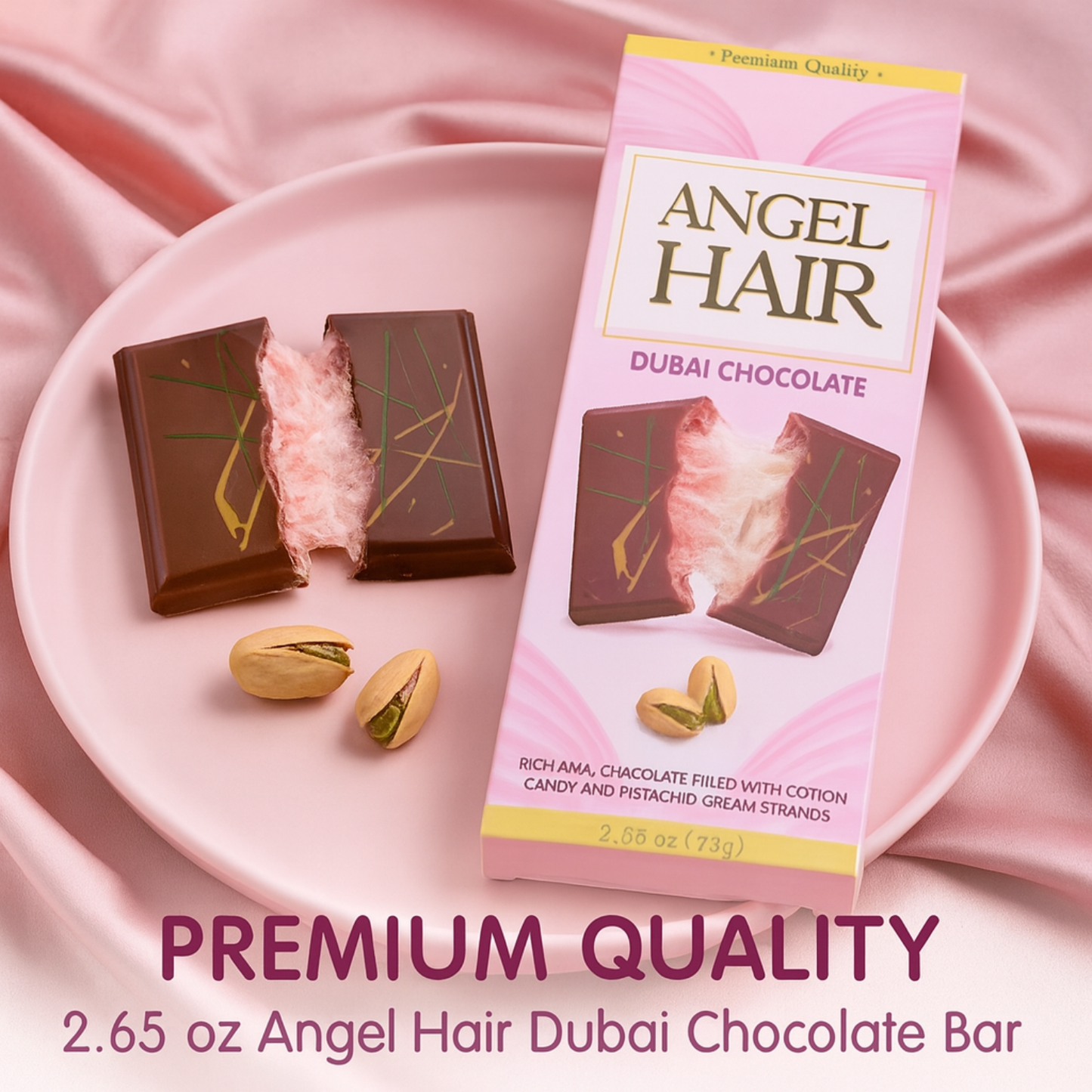 2.65 Oz Angel Hair Pink Chocolate Bar Cotton Candy+Pistachio