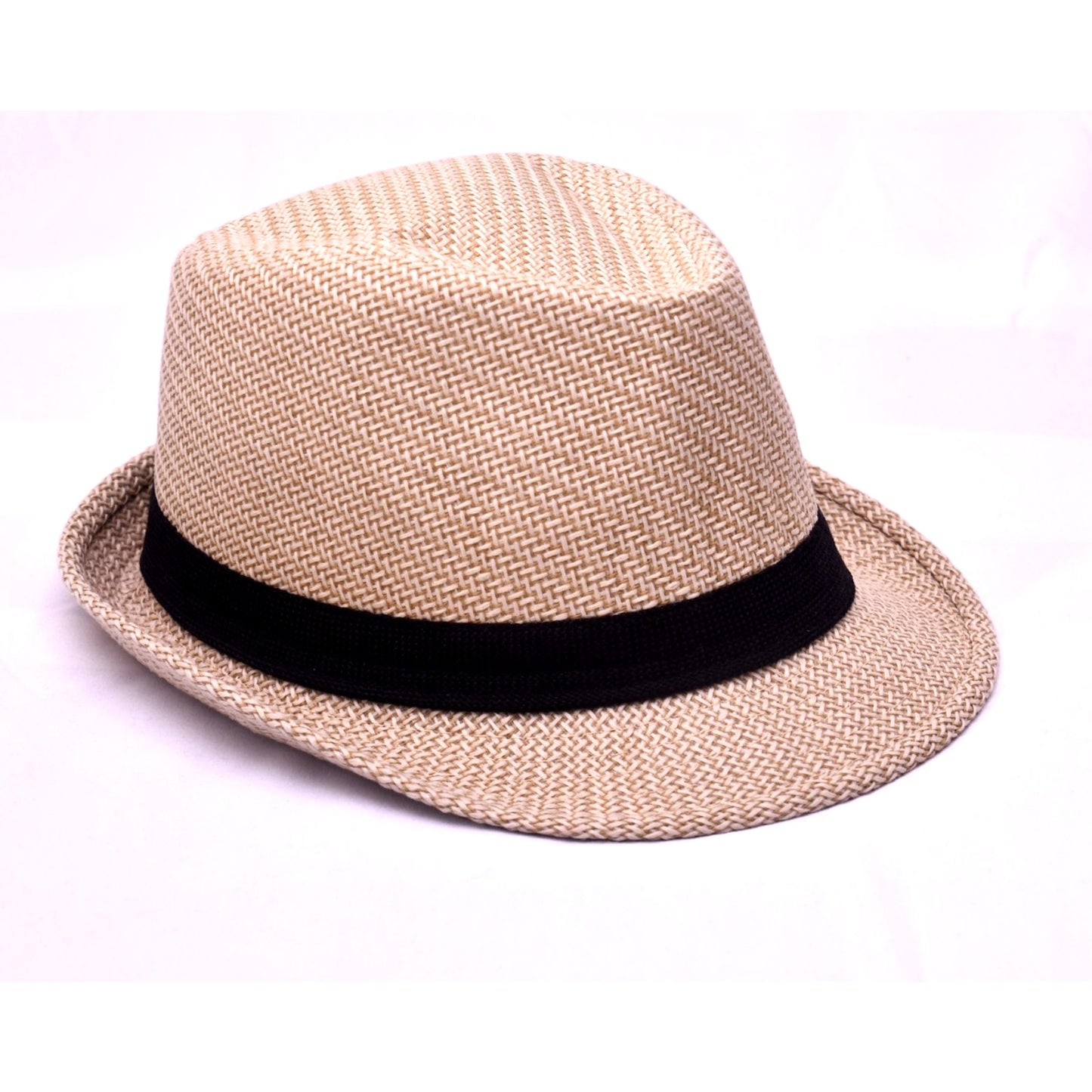 Beige Straw Fedora Hat Black Band Summer Beach Sun Hat Unisex One Size