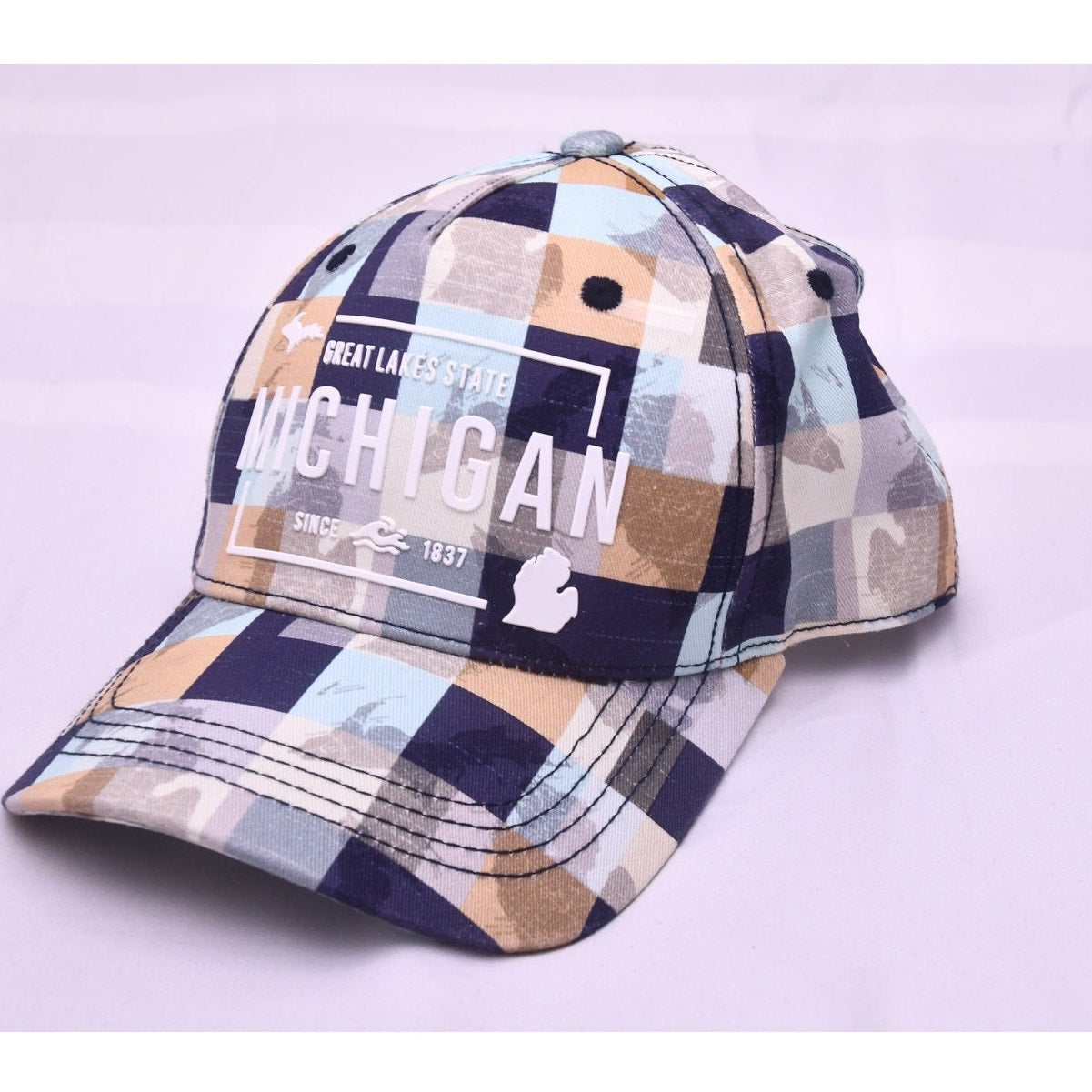 Robin Ruth Michigan Great Lakes State Plaid Adjustable Baseball Cap Hat Blue Tan