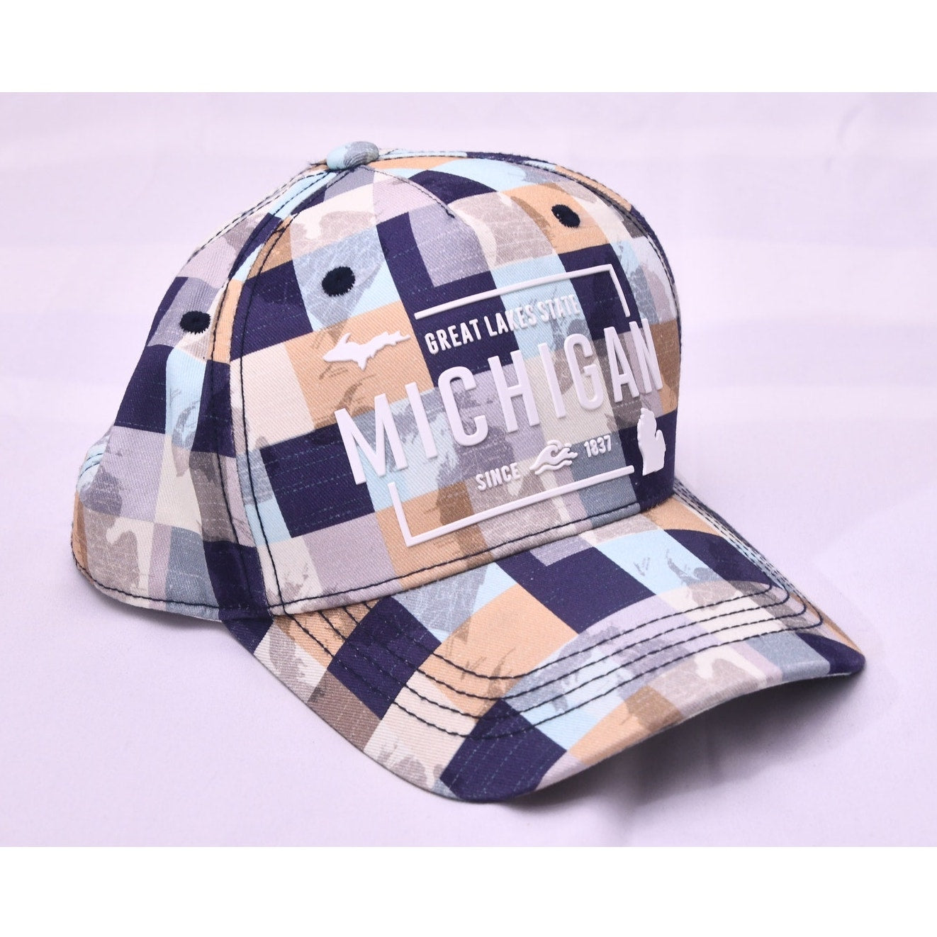 Robin Ruth Michigan Great Lakes State Plaid Adjustable Baseball Cap Hat Blue Tan
