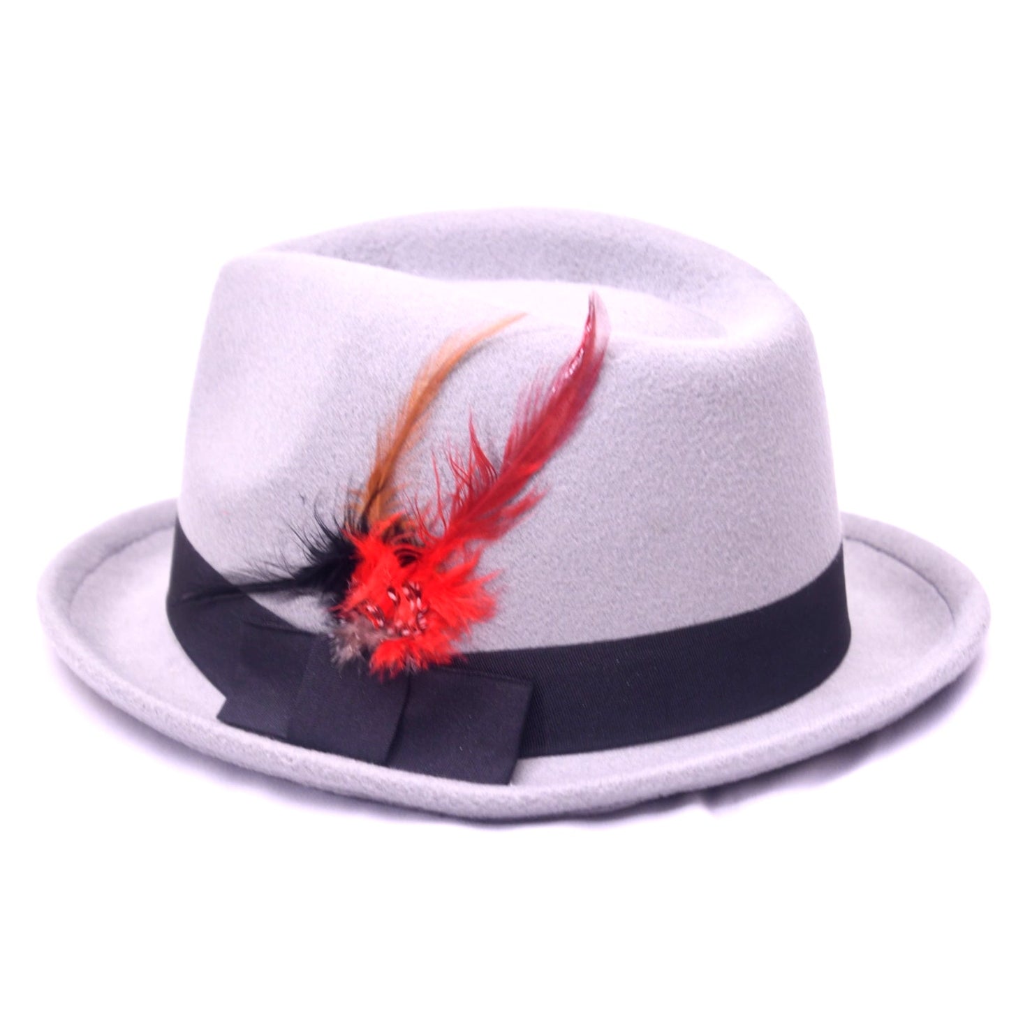 Vintage Style Gray Fedora Hat Red Feather Black Ribbon Dress Hat Unisex