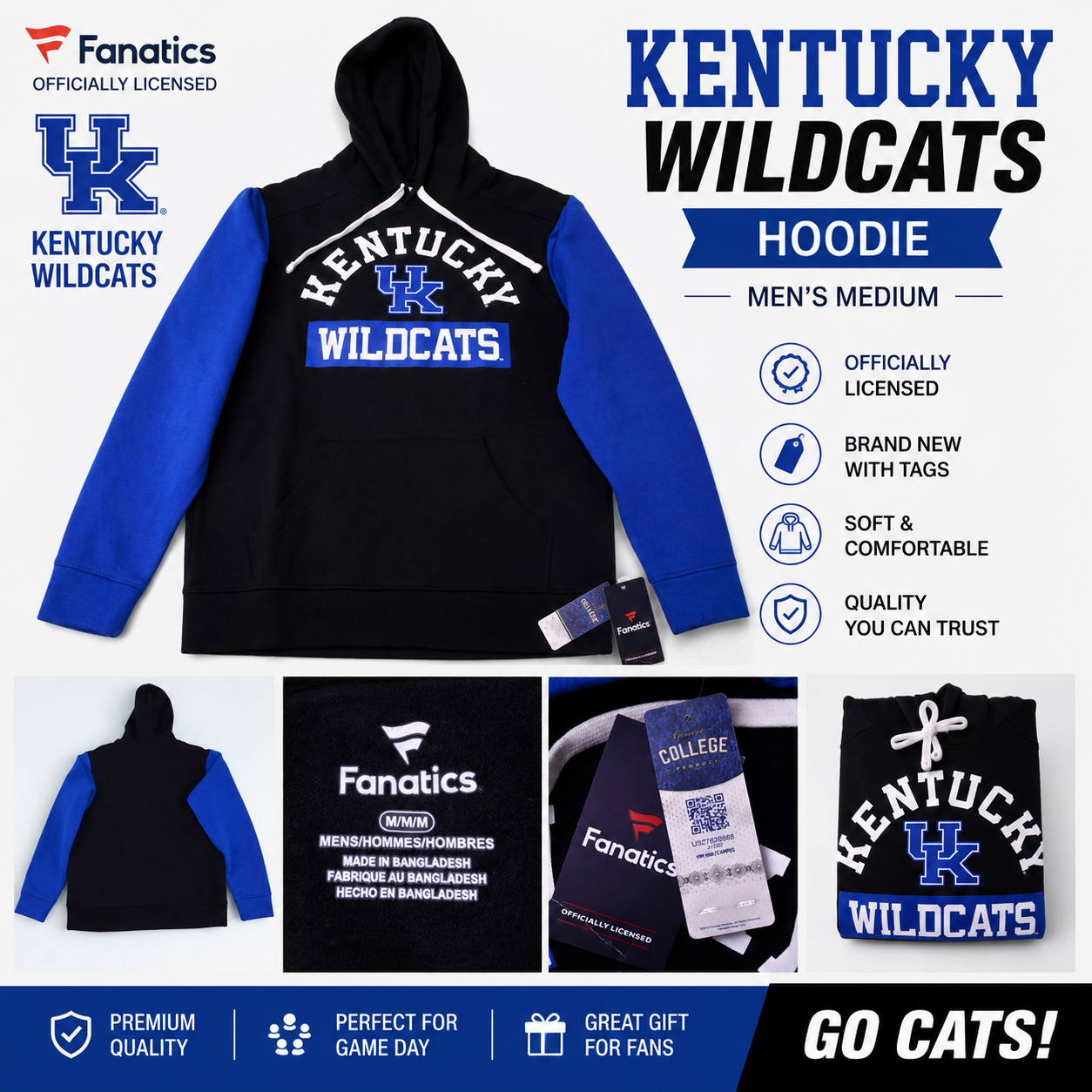 Fanatics Kentucky Wildcats Hoodie Mens Medium Blue Black NWT NCAA
