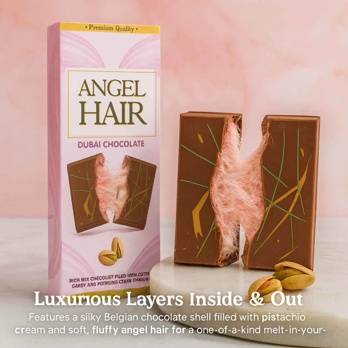 2.65 Oz Angel Hair Pink Chocolate Bar Cotton Candy+Pistachio