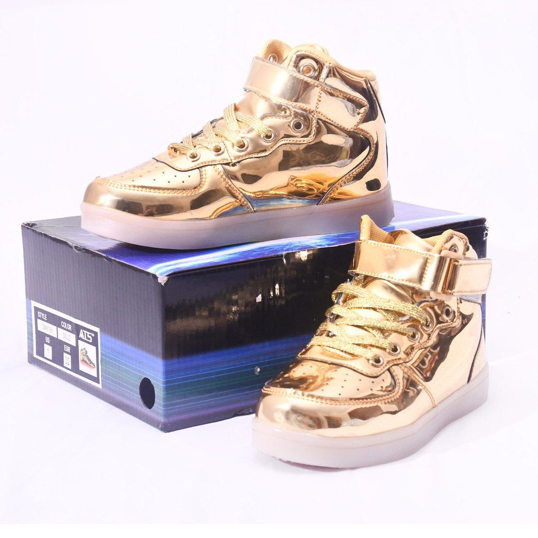 ATS Kids High Top Sneakers Size 1 Gold Metallic Lace Up Ankle Strap Shoes