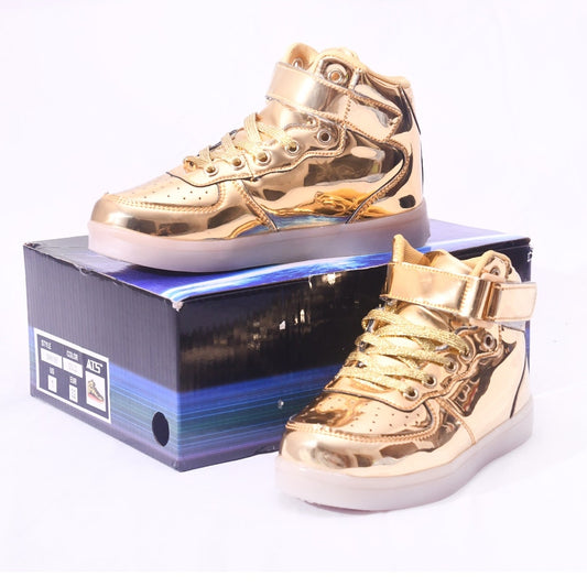 ATS Kids High Top Sneakers Size 1 Gold Metallic Lace Up Ankle Strap Shoes
