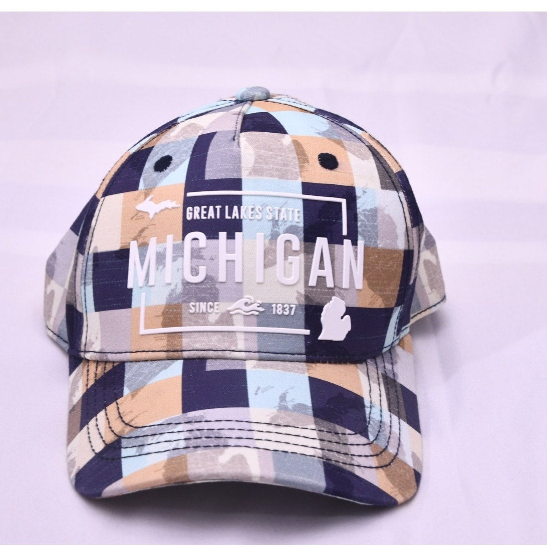 Robin Ruth Michigan Great Lakes State Plaid Adjustable Baseball Cap Hat Blue Tan
