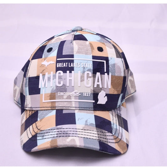 Robin Ruth Michigan Great Lakes State Plaid Adjustable Baseball Cap Hat Blue Tan