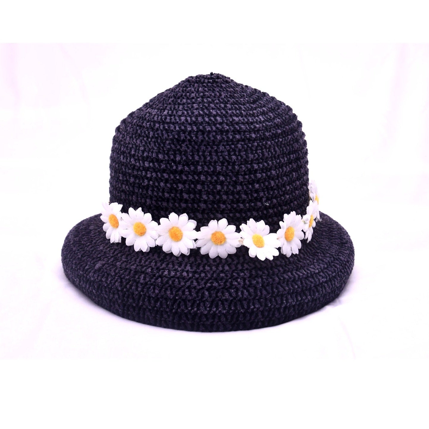 Black Daisy Flower Bucket Sun Hat Summer Beach Garden Women One Size