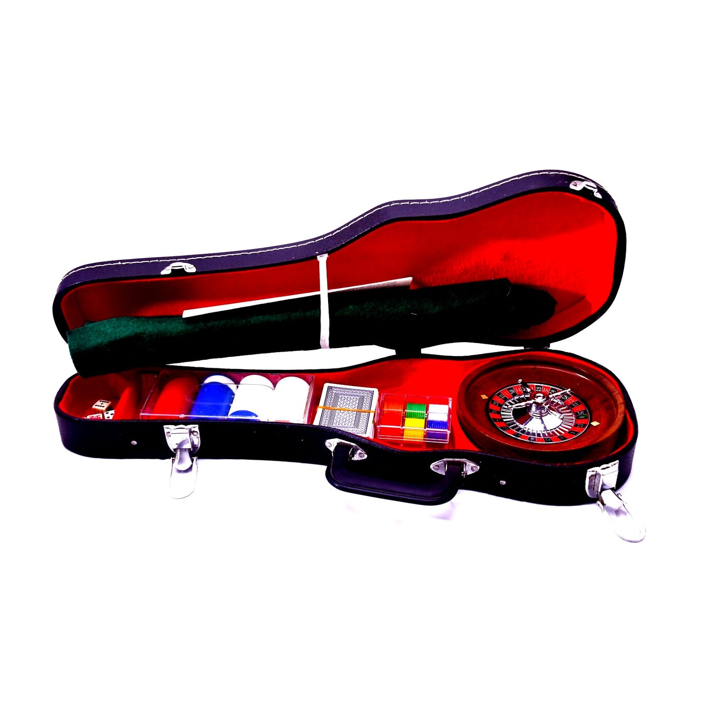 Casino Game Set Roulette Poker Blackjack Dice Chips Cards in Guitar Case