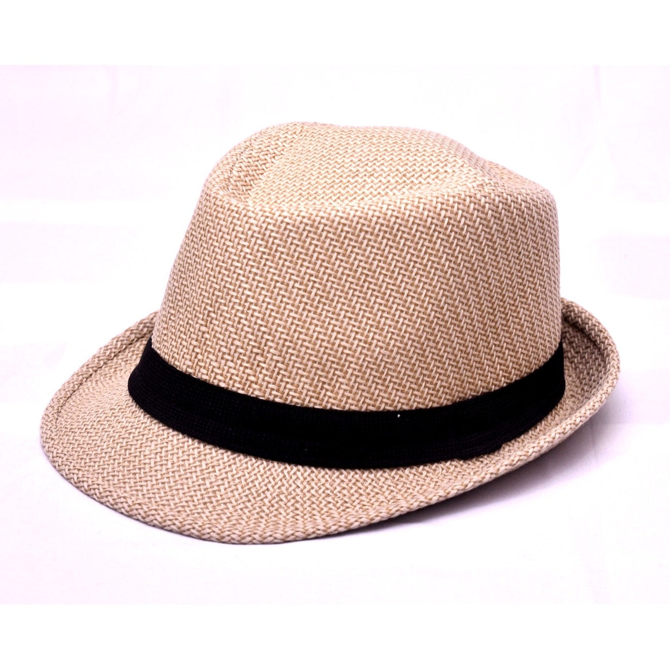 Beige Straw Fedora Hat Black Band Summer Beach Sun Hat Unisex One Size