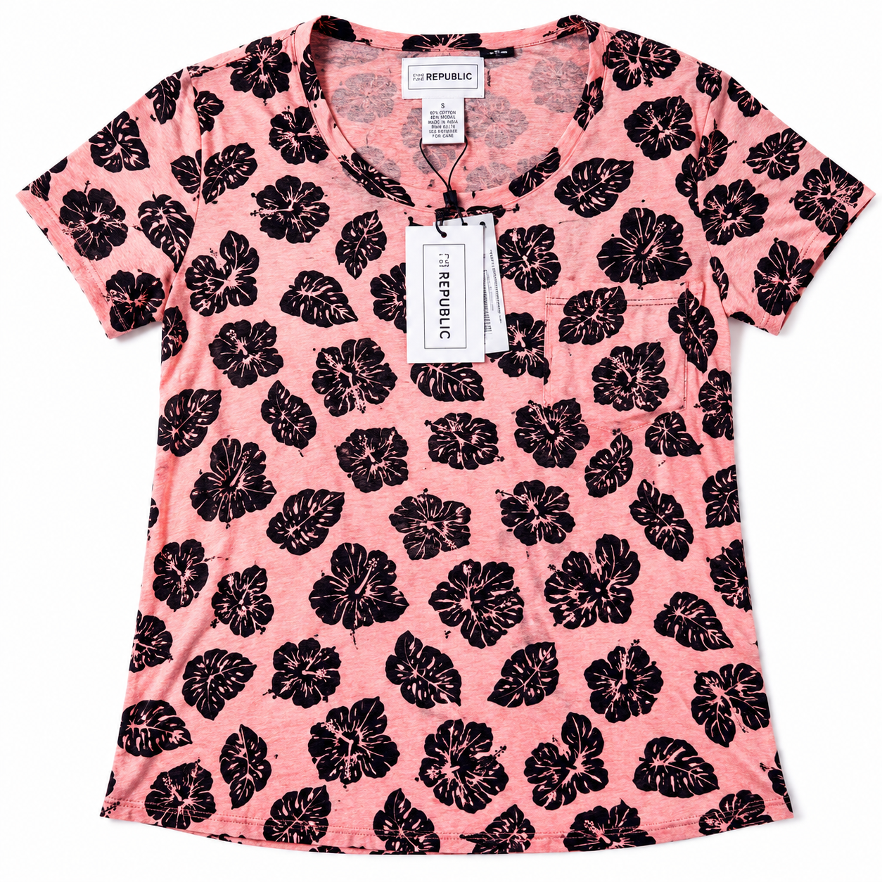 For The Republic Women's Pink Floral Tropical Leaf Pocket Tee Shirt Small NWT