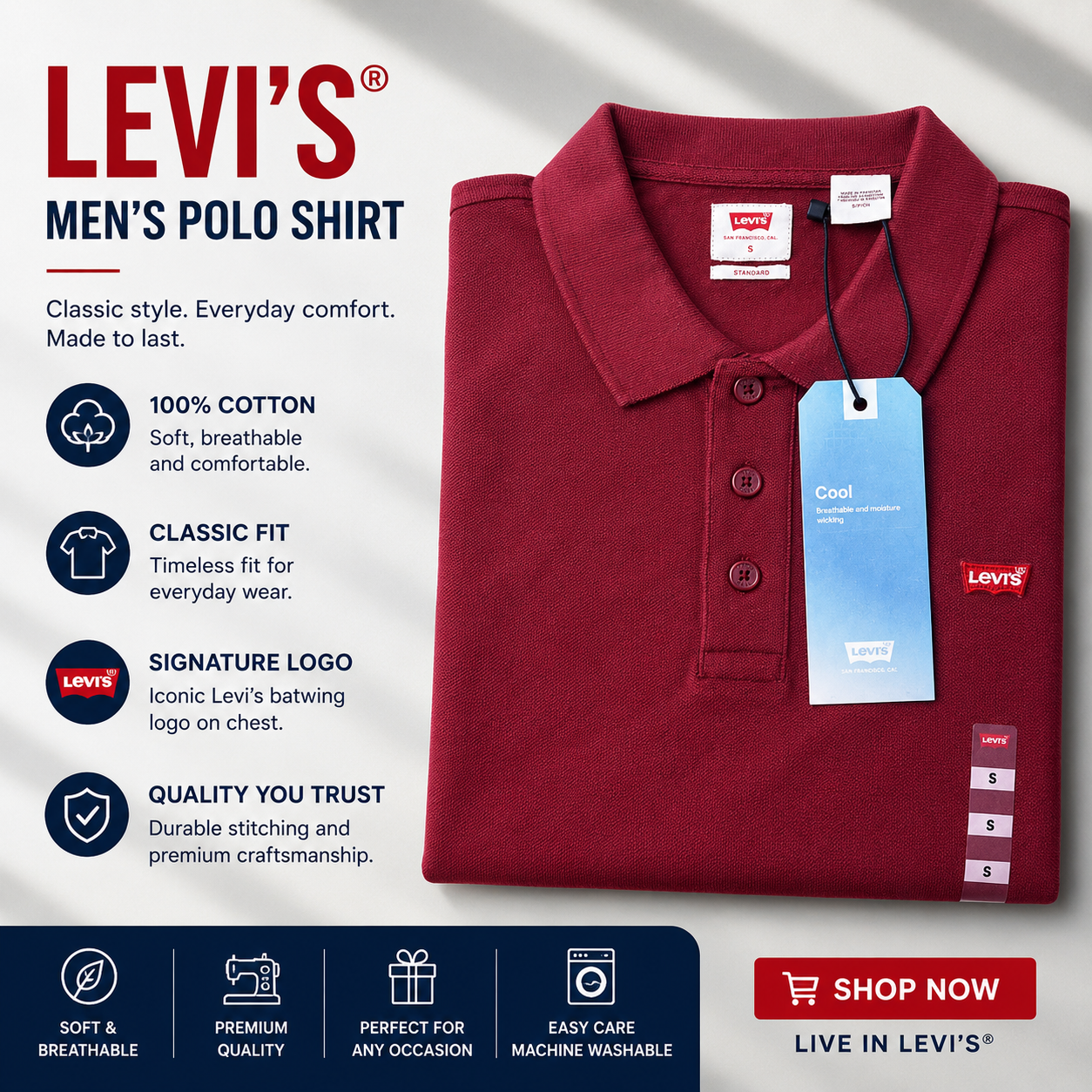 Levi Strauss and Co Mens Polo Shirt Small Red Short Sleeve Pocket Logo