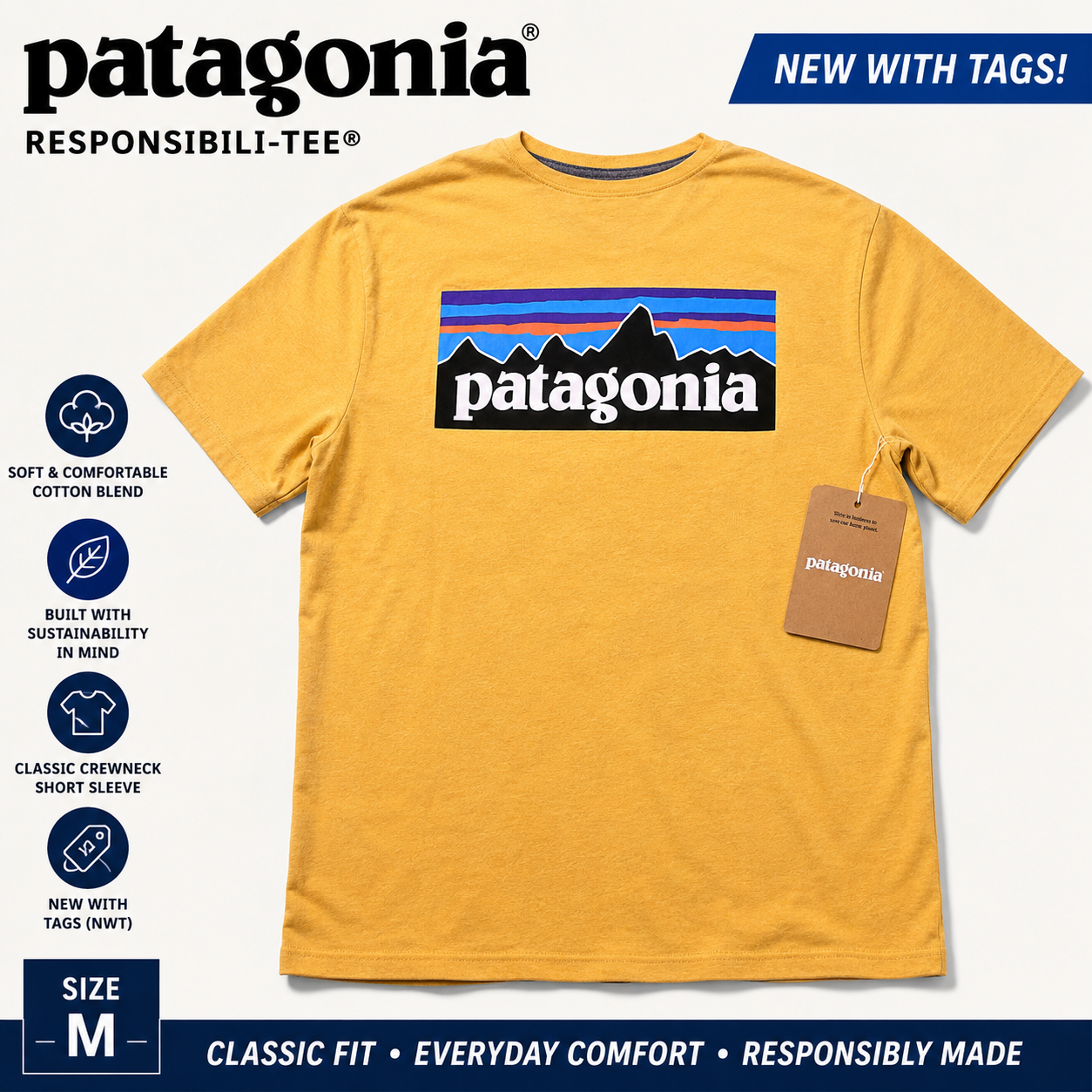 Patagonia Responsibili Tee Mens Medium Yellow Logo Graphic T Shirt NWT Regular Fit
